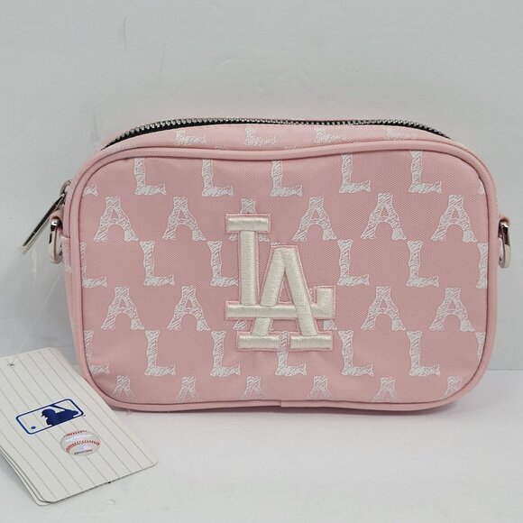 MLB Handbags - MLB LA Dodgers Pink Monogram Crossbody Bag With Zipper and Shoulder Strap